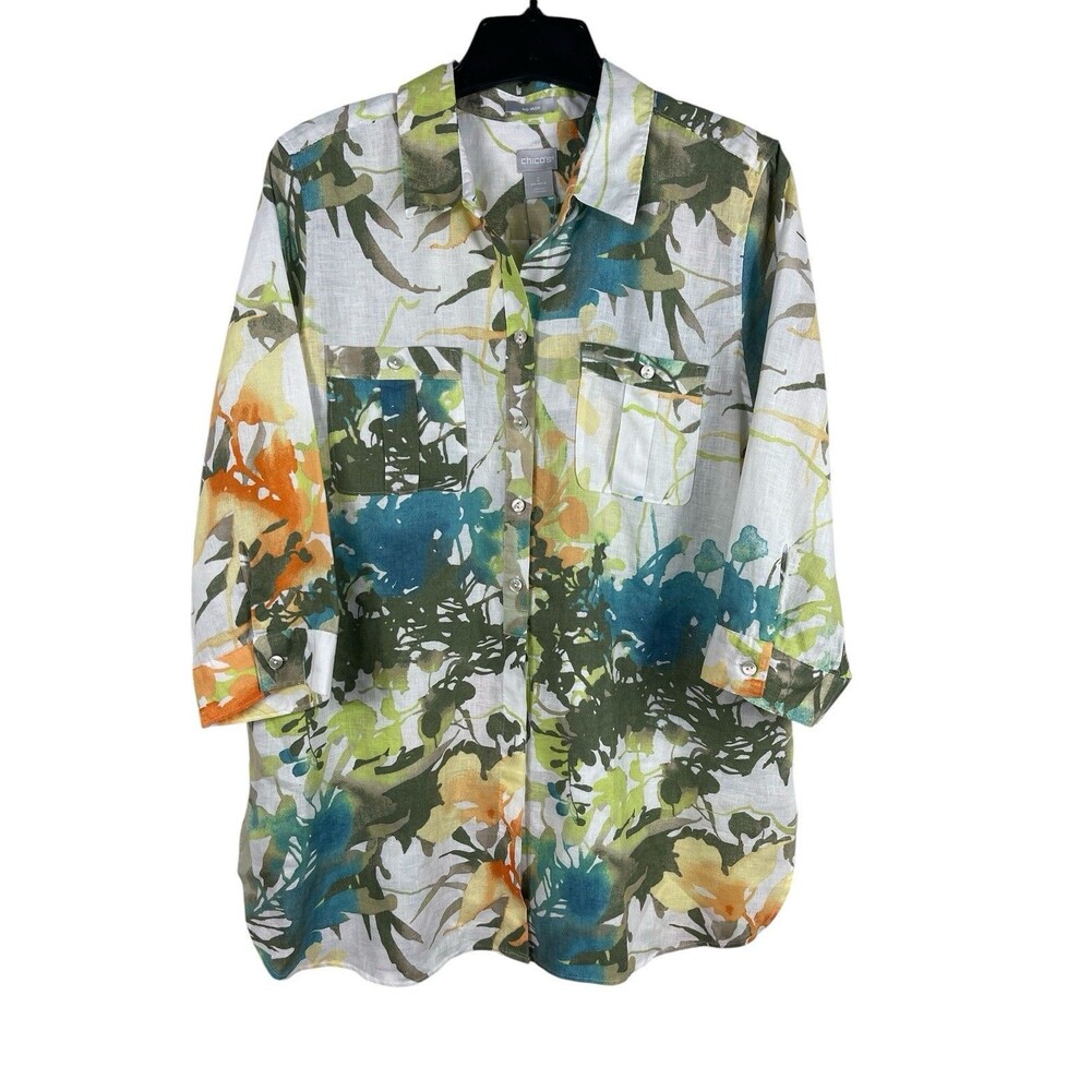Chico’s No Iron Linen Shirt Size 2 US 12 Spring Paradise Tropical Floral NWT